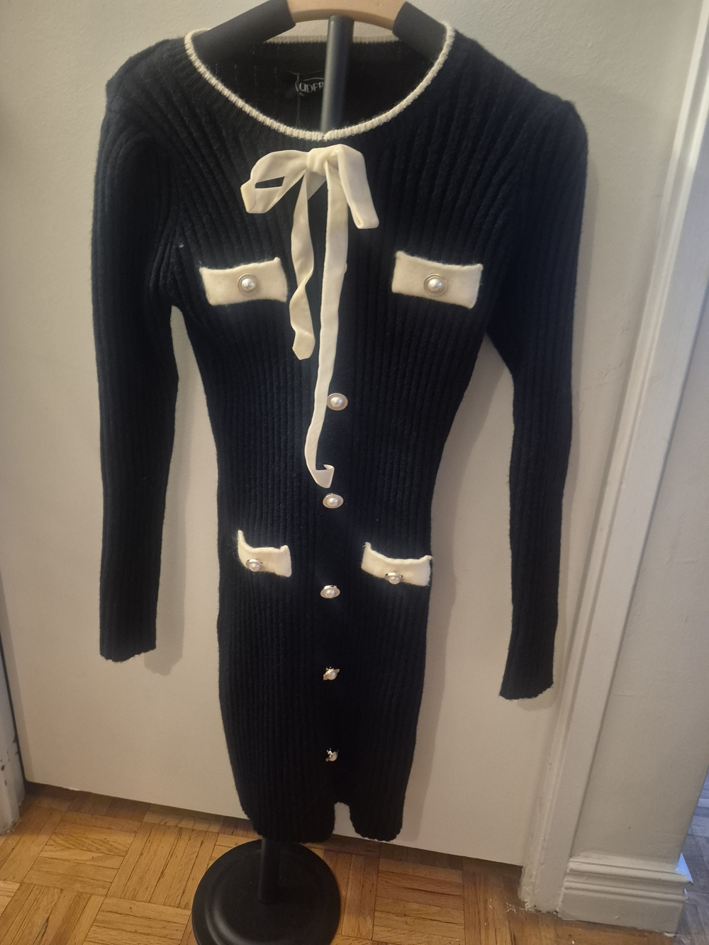 Cider Black Ribbed Knit Long-Sleeve Dress with Cream Trim